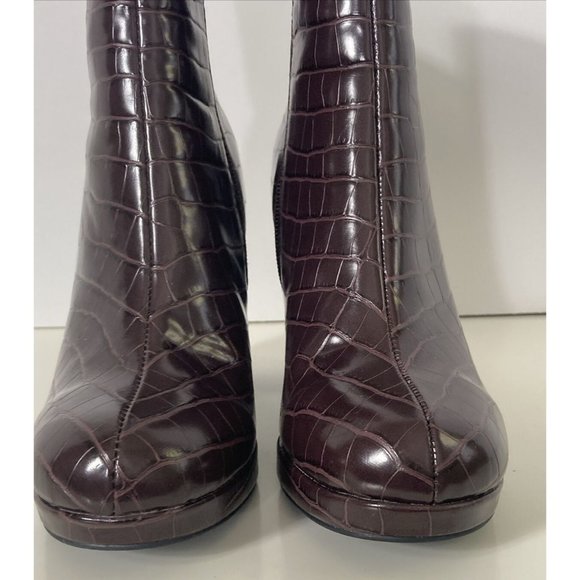 Rachel Zoe Size 7.5 M Mahogany Brown Croc Embossed MAYA Ankle Boot Platform Heel - Picture 3 of 16